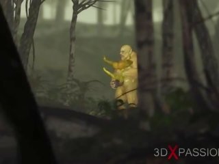 Hijau raksasa ogre mengongkek keras yang panas kepada trot perempuan goblin arwen dalam yang enchanted hutan
